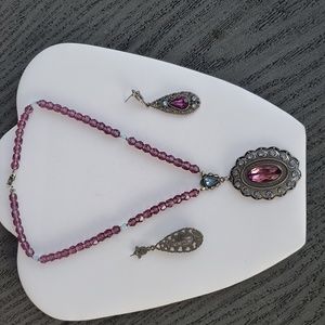 Vintage Victorian Purple and Blue glass necklace and earrings.